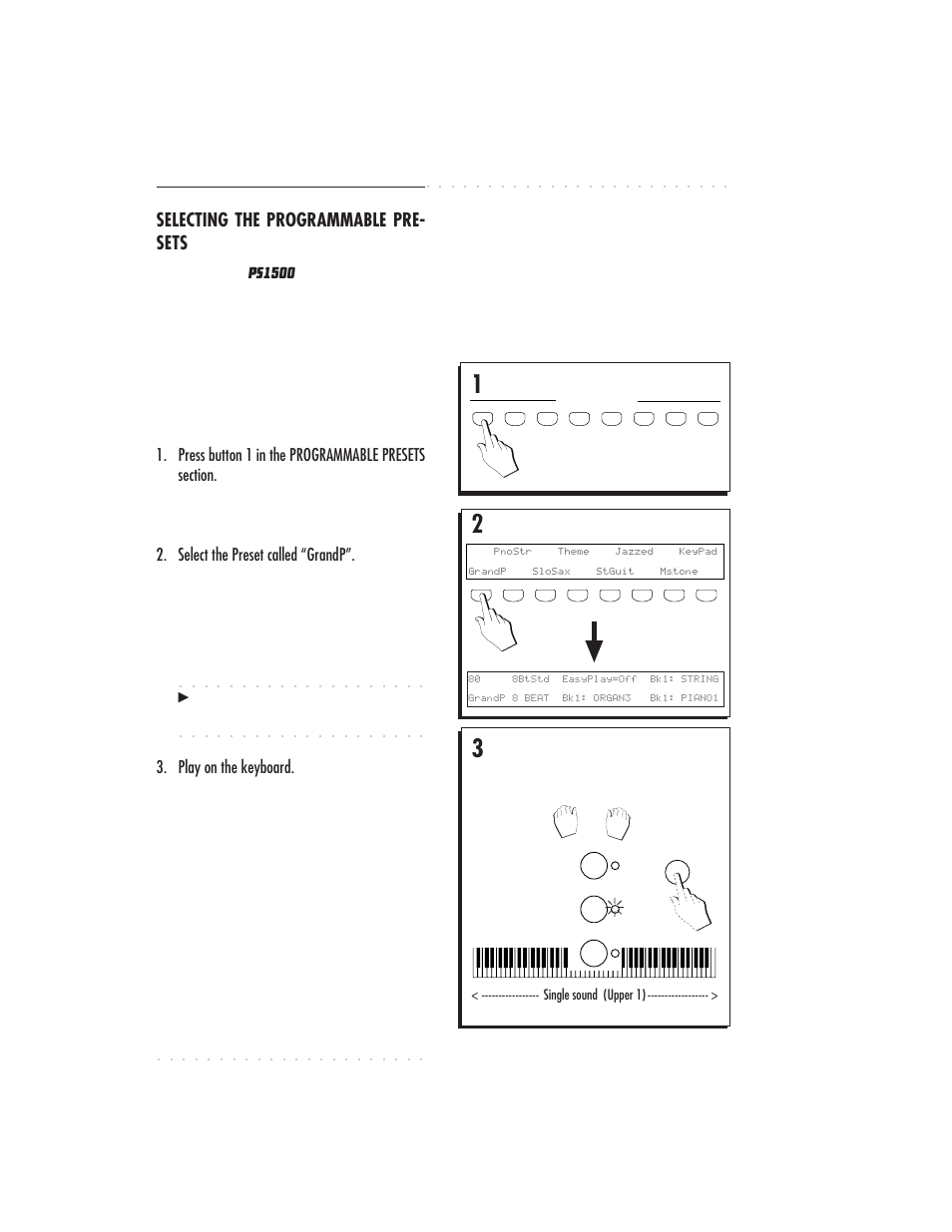 1•10 user guide, Selecting the programmable pre- sets, Select the preset called “grandp | Play on the keyboard | IBM PS1500 User Manual | Page 26 / 112