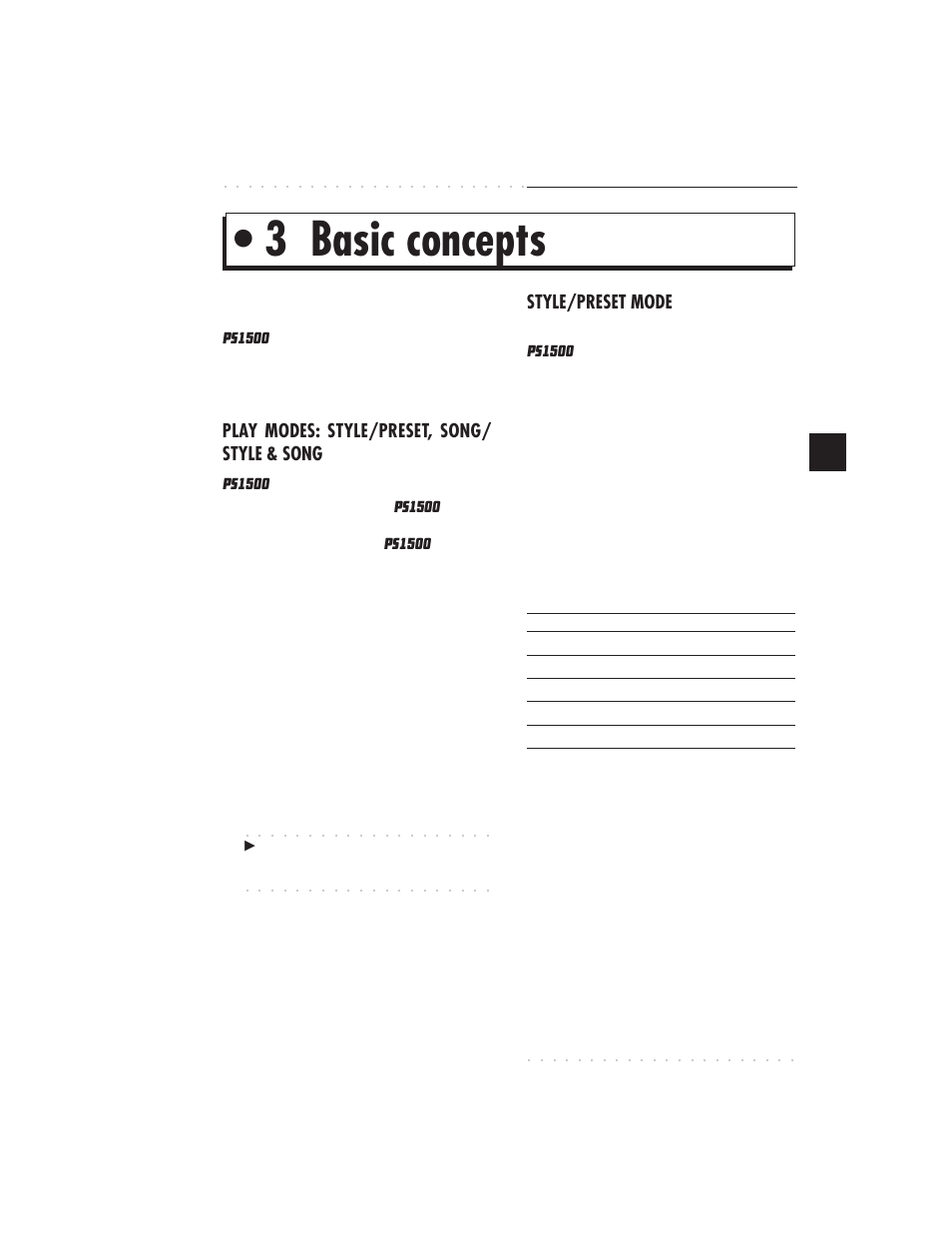3 basic concepts, Basic concepts 3•1, Play modes: style/preset, song/ style & song | Style/preset mode | IBM PS1500 User Manual | Page 49 / 112