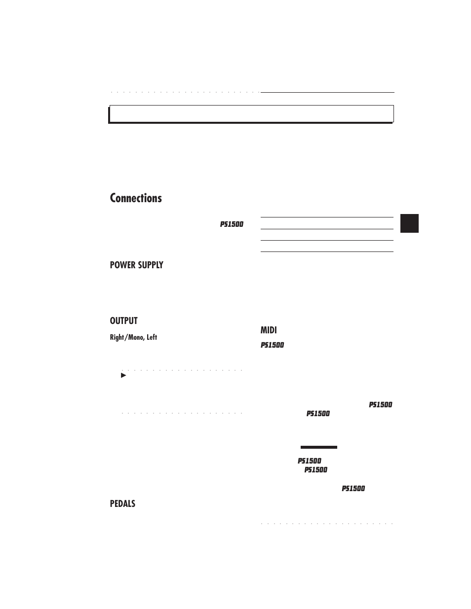 Connections, Basic concepts 3•7, Power supply | Output, Pedals, Midi | IBM PS1500 User Manual | Page 55 / 112