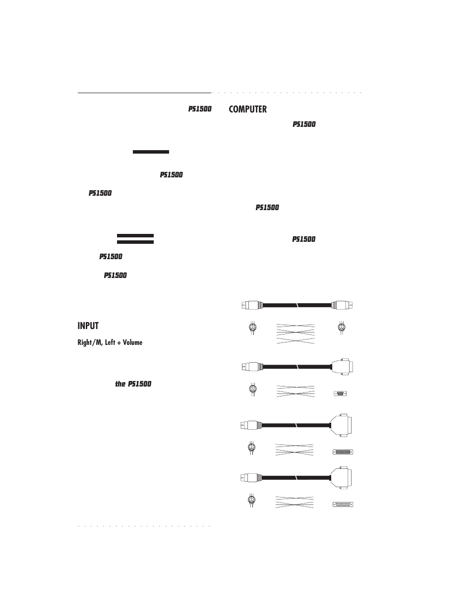 3•8 user guide, Input, Ps1500 | Computer, Right/m, left + volume, Connections, Midi out, Midi in, Midi out midi in, Midi in midi out | IBM PS1500 User Manual | Page 56 / 112