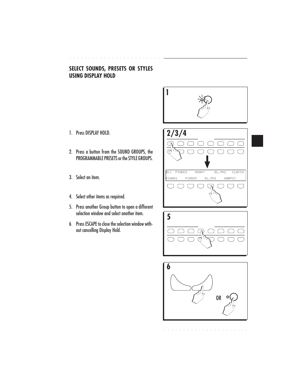 Sounds & presets 4•9, Press display hold, Select an item | The led of the button turns on, The selection window remains locked, Display hold | IBM PS1500 User Manual | Page 73 / 112