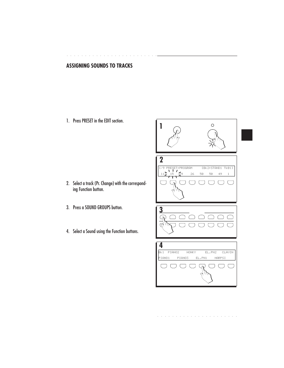 Sounds & presets 4•11, Assigning sounds to tracks, Press a sound groups button | Select a sound using the function buttons, The pr. change number starts to flash, The timeout display shows 8 sounds to choose from | IBM PS1500 User Manual | Page 75 / 112