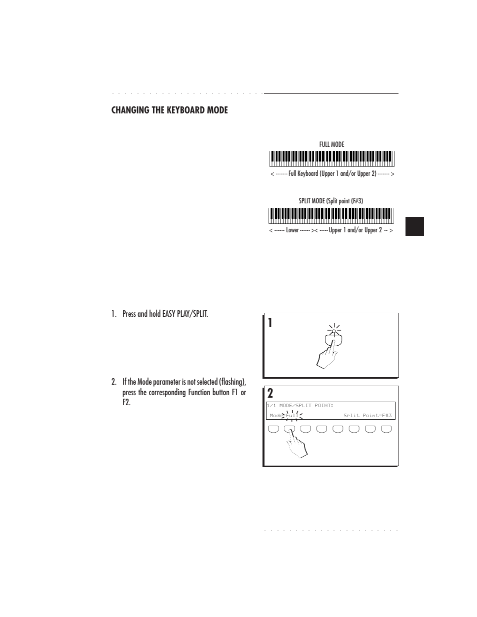 Sounds & presets 4•15, Changing the keyboard mode, Press and hold easy play/split | IBM PS1500 User Manual | Page 79 / 112
