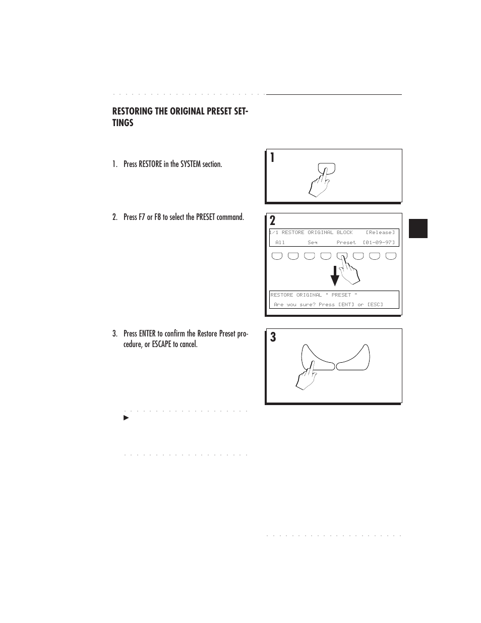 Sounds & presets 4•23, Restoring the original preset set- tings, Press f7 or f8 to select the preset command | IBM PS1500 User Manual | Page 87 / 112