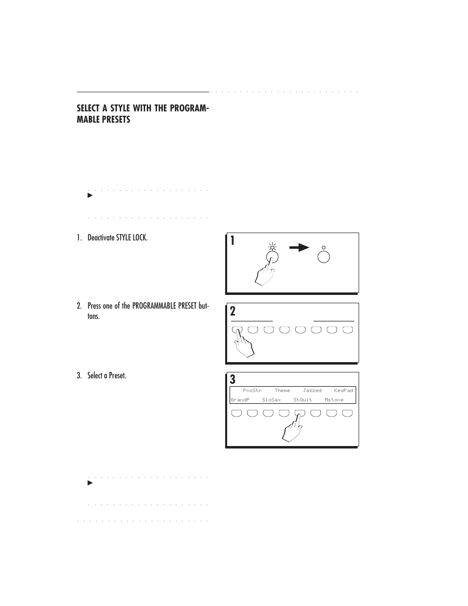 5•4 user guide, Select a style with the program- mable presets, Deactivate style lock | Press one of the programmable preset but- tons, Select a preset | IBM PS1500 User Manual | Page 92 / 112