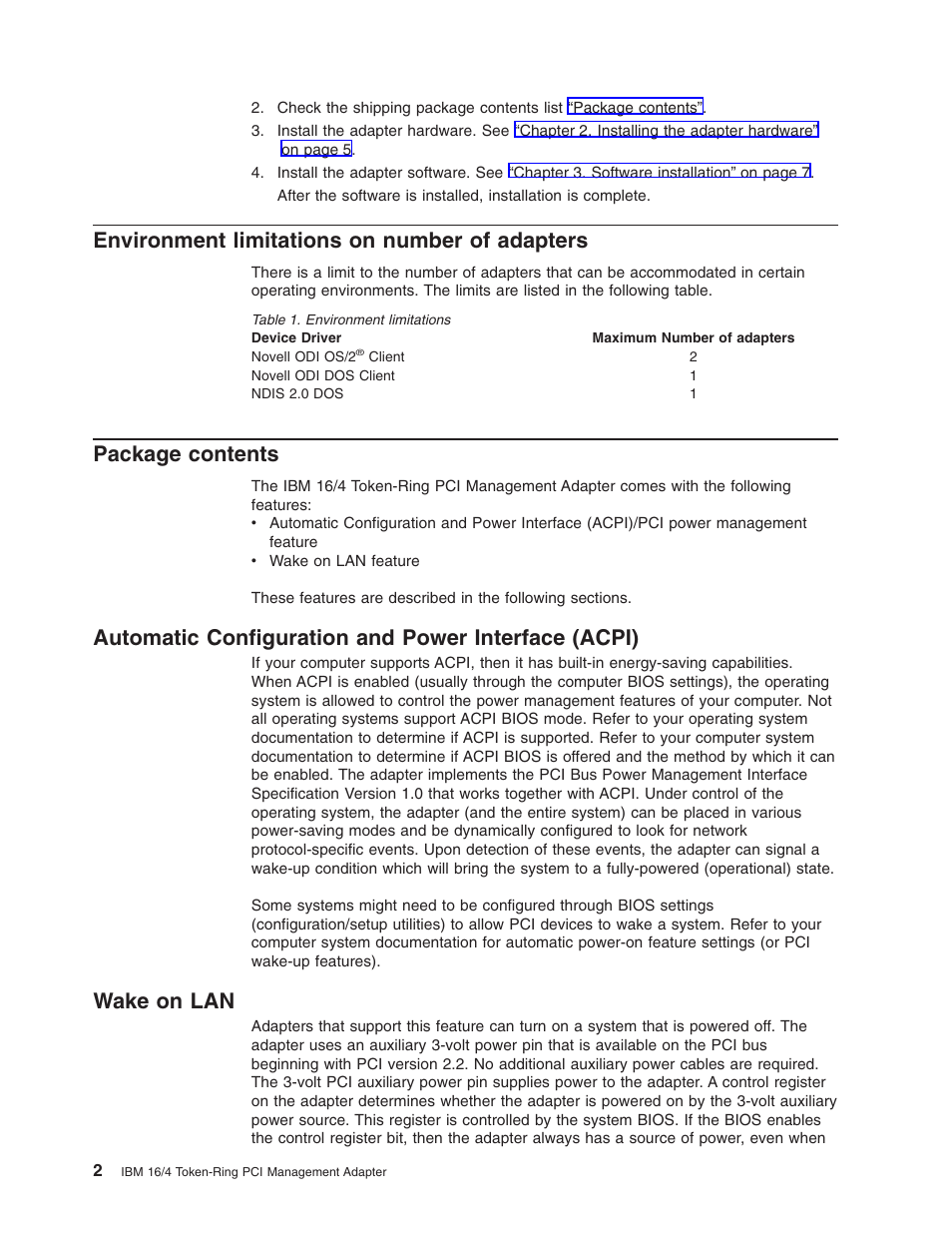 Environment limitations on number of adapters, Package contents, Automatic configuration and power interface (acpi) | Wake on lan | IBM 16/4 Token-Ring User Manual | Page 10 / 113