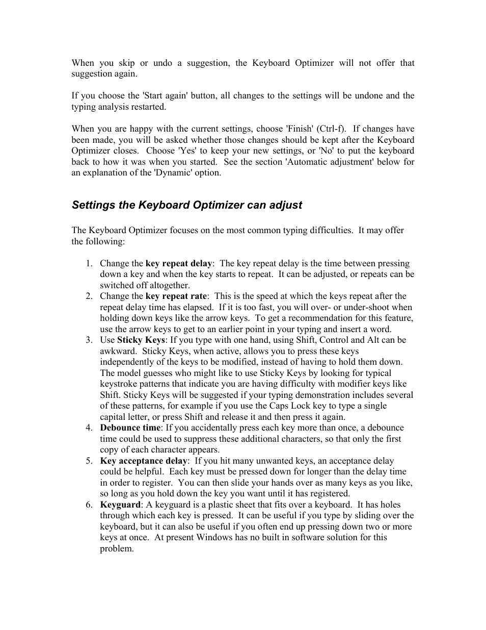 Settings the keyboard optimizer can adjust | IBM Keyboard Optimizer User Manual | Page 3 / 5