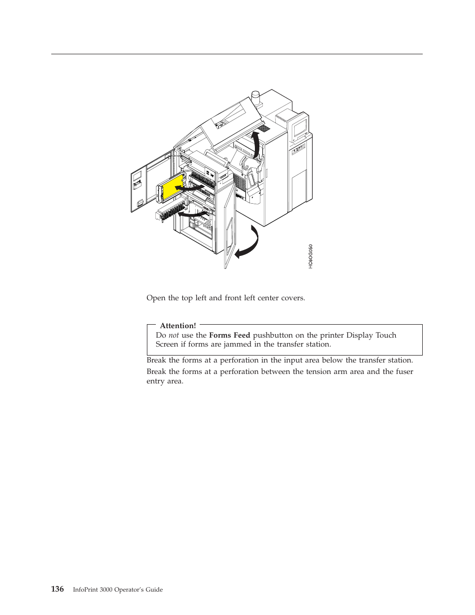 Clearing the forms path, Transfer station area, Clearing the forms path transfer station area | IBM INFO PRINT 3000 User Manual | Page 168 / 346