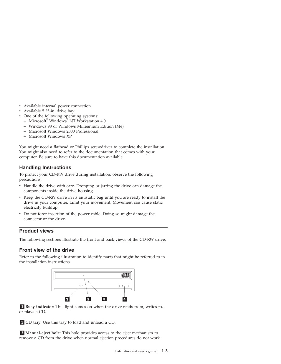 Product views, Handling instructions, Front view of the drive | IBM 22P6969 User Manual | Page 11 / 54