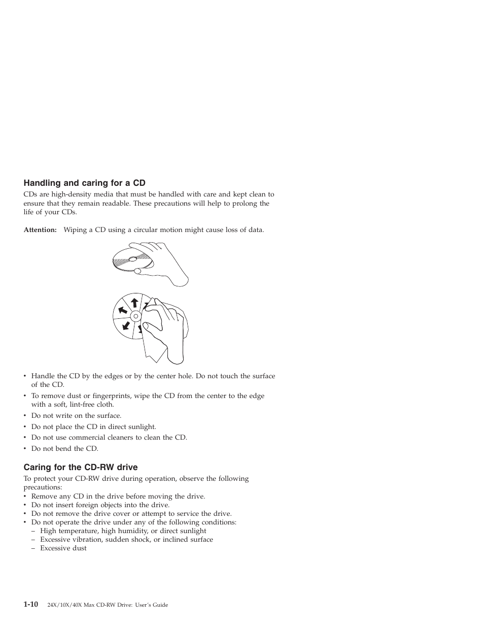 Handling and caring for a cd, Caring for the cd-rw drive | IBM 22P6969 User Manual | Page 18 / 54