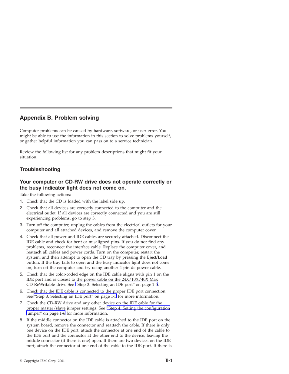 Appendix b. problem solving, Troubleshooting | IBM 22P6969 User Manual | Page 27 / 54