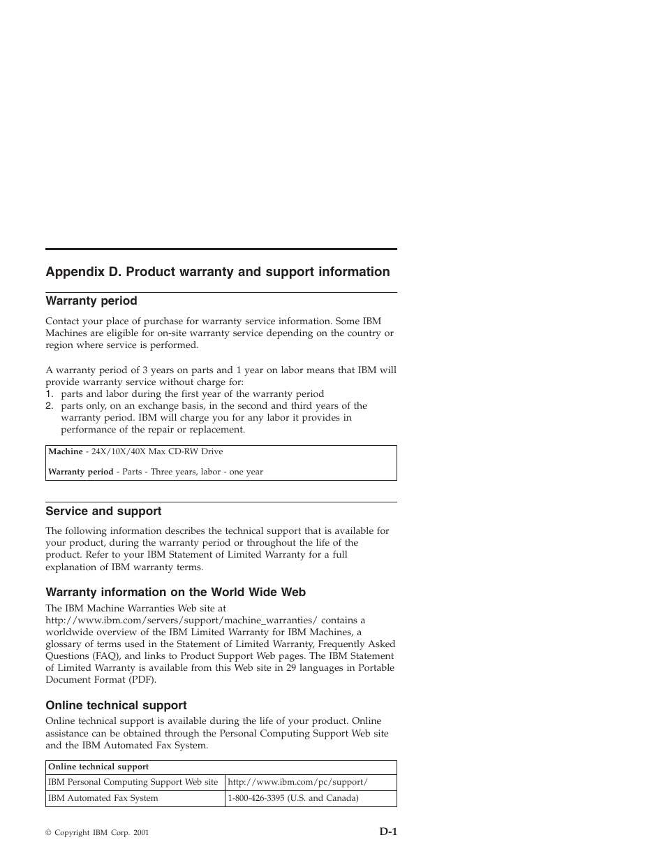 Warranty period, Service and support, Warranty information on the world wide web | Online technical support | IBM 22P6969 User Manual | Page 37 / 54