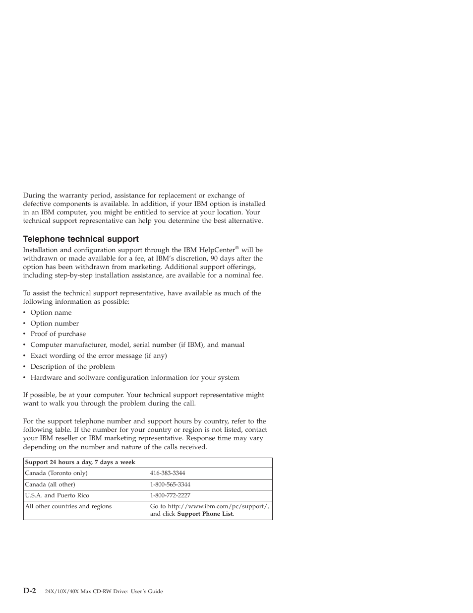 Telephone technical support | IBM 22P6969 User Manual | Page 38 / 54