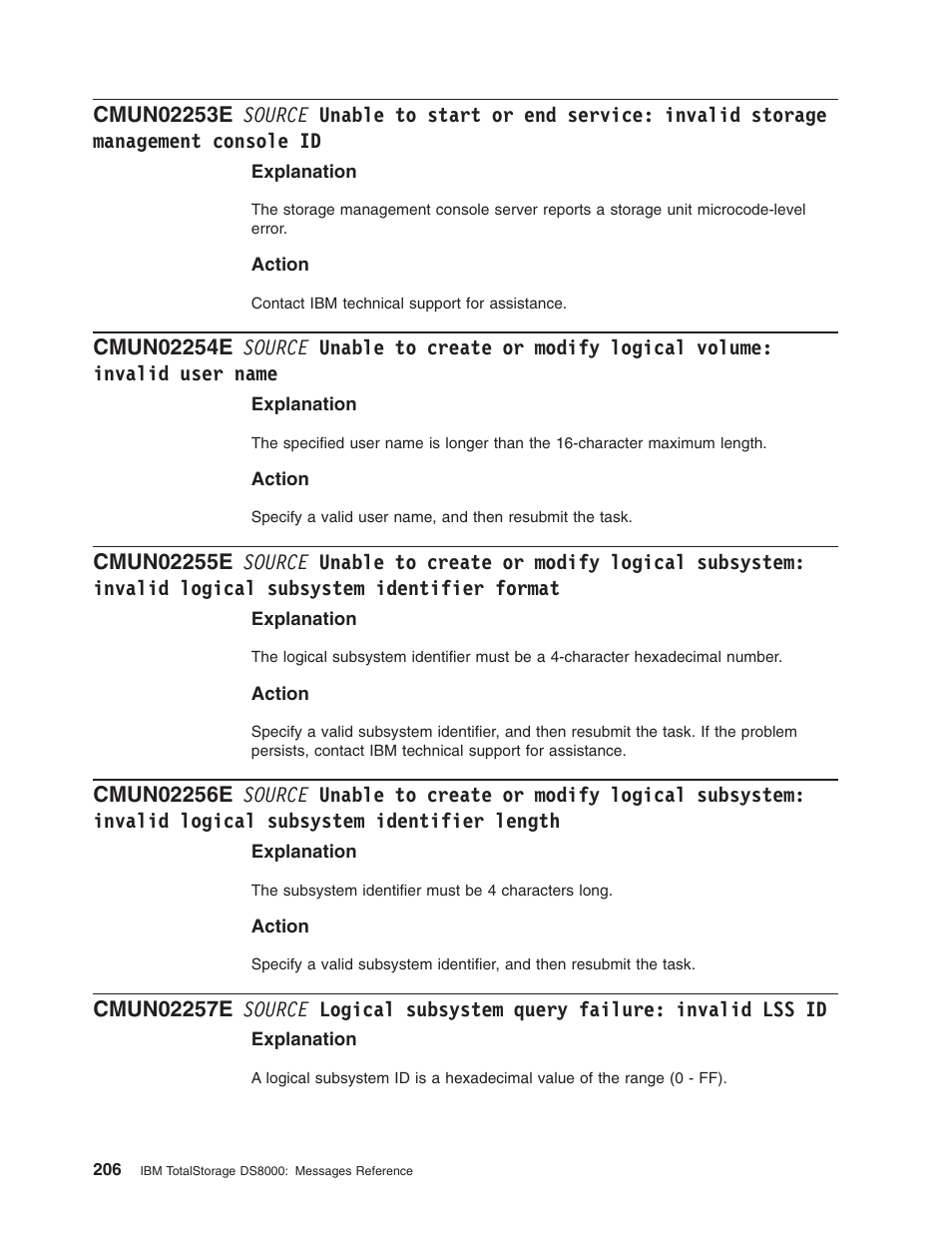 Source, Unable, Start | Service, Invalid, Storage, Management, Console, Create, Modify | IBM TOTAL STORAGE DS8000 User Manual | Page 226 / 374
