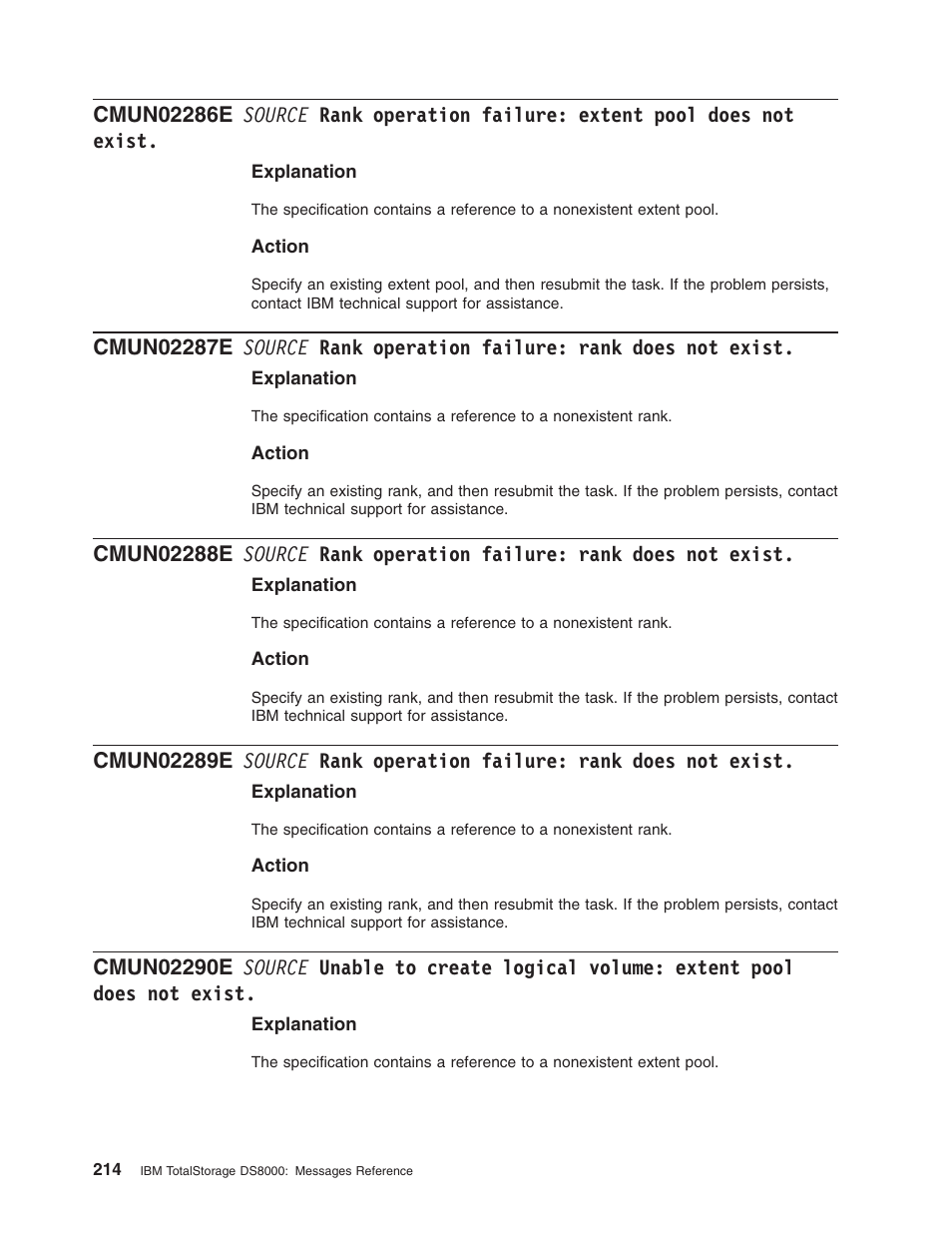 Source, Rank, Operation | Failure, Extent, Pool, Does, Exist, Unable, Create | IBM TOTAL STORAGE DS8000 User Manual | Page 234 / 374