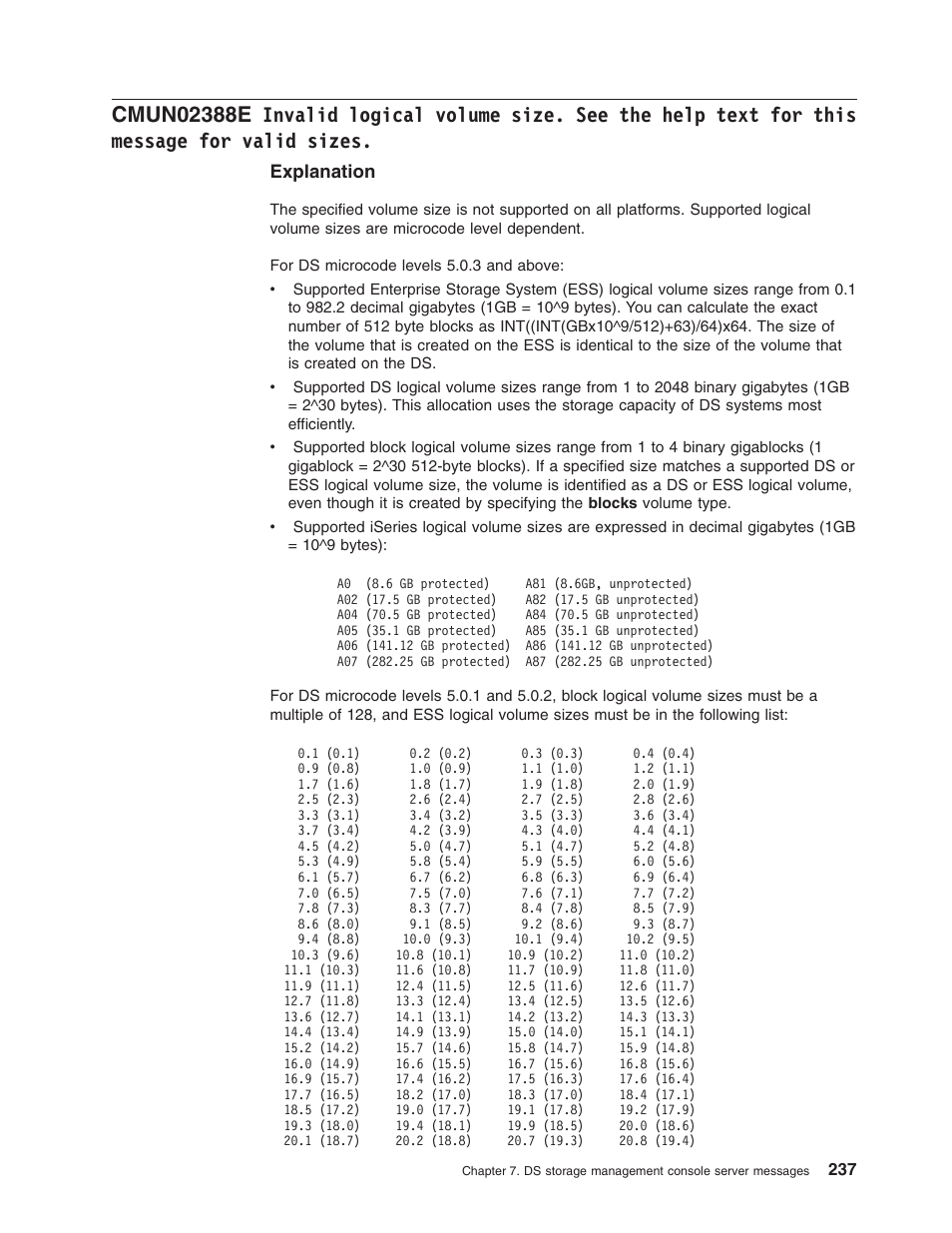 Invalid, Logical, Volume | Size, Help, Text, This, Message, Valid, Sizes | IBM TOTAL STORAGE DS8000 User Manual | Page 257 / 374