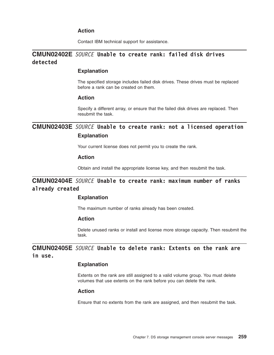 Source, Unable, Create | Rank, Failed, Disk, Drives, Detected, Licensed, Operation | IBM TOTAL STORAGE DS8000 User Manual | Page 279 / 374
