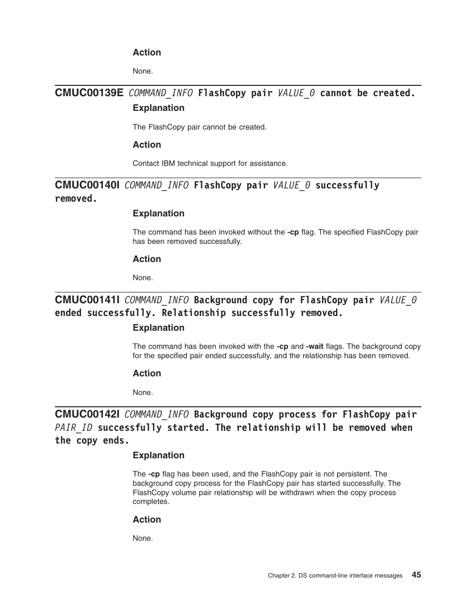 Command_info, Flashcopy, Pair | Value_0, Cannot, Created, Successfully, Removed, Background, Copy | IBM TOTAL STORAGE DS8000 User Manual | Page 65 / 374