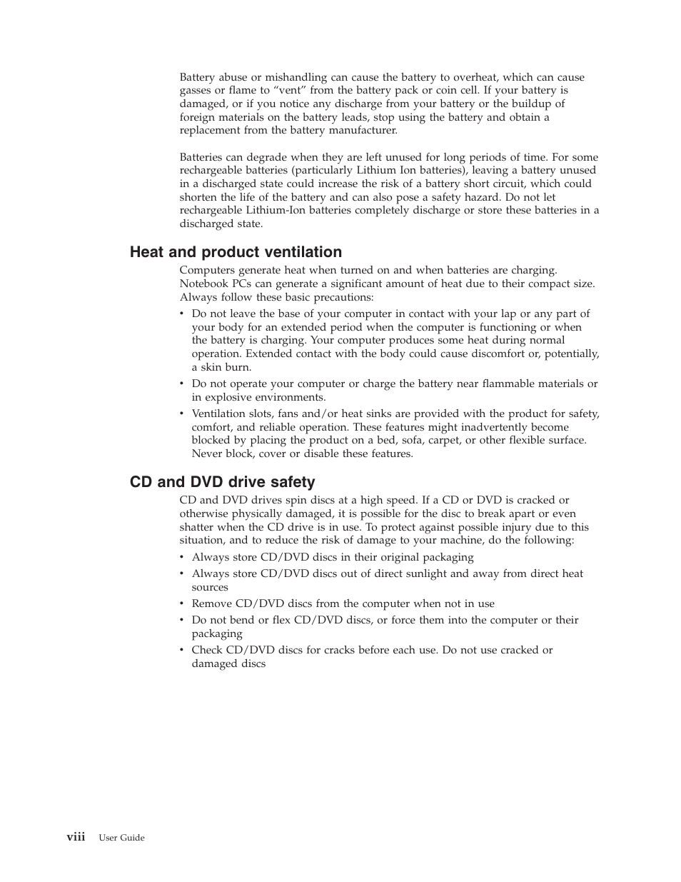 Heat and product ventilation, Cd and dvd drive safety, Heat | Product, Ventilation, Viii, Drive, Safety | IBM THINKCENTRE 8086 User Manual | Page 10 / 64