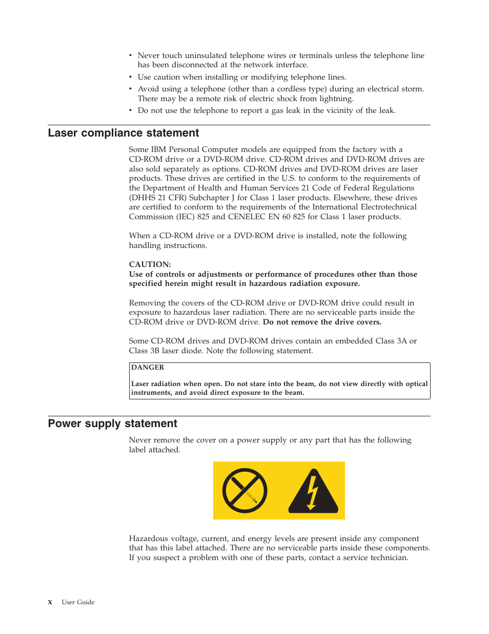 Laser compliance statement, Power supply statement, Laser | Compliance, Statement, Power, Supply | IBM THINKCENTRE 8086 User Manual | Page 12 / 64