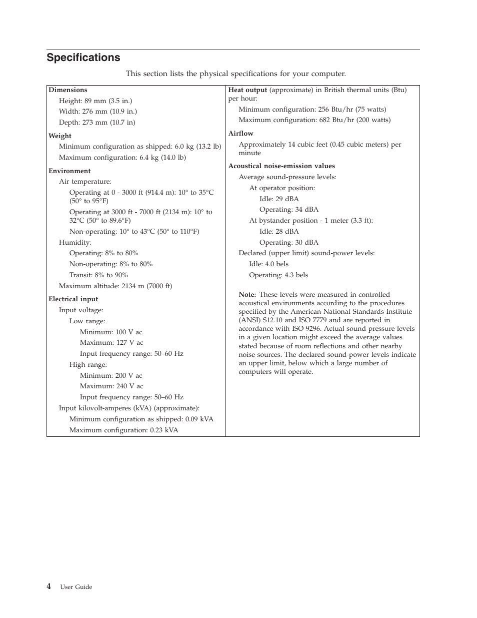 Specifications | IBM THINKCENTRE 8086 User Manual | Page 18 / 64