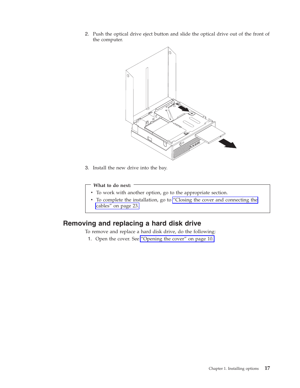 Removing and replacing a hard disk drive, Removing, Replacing | Hard, Disk, Drive | IBM THINKCENTRE 8086 User Manual | Page 31 / 64