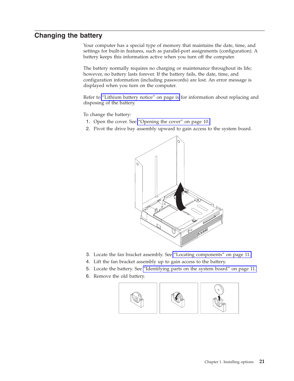 Changing the battery, Changing, Battery | IBM THINKCENTRE 8086 User Manual | Page 35 / 64