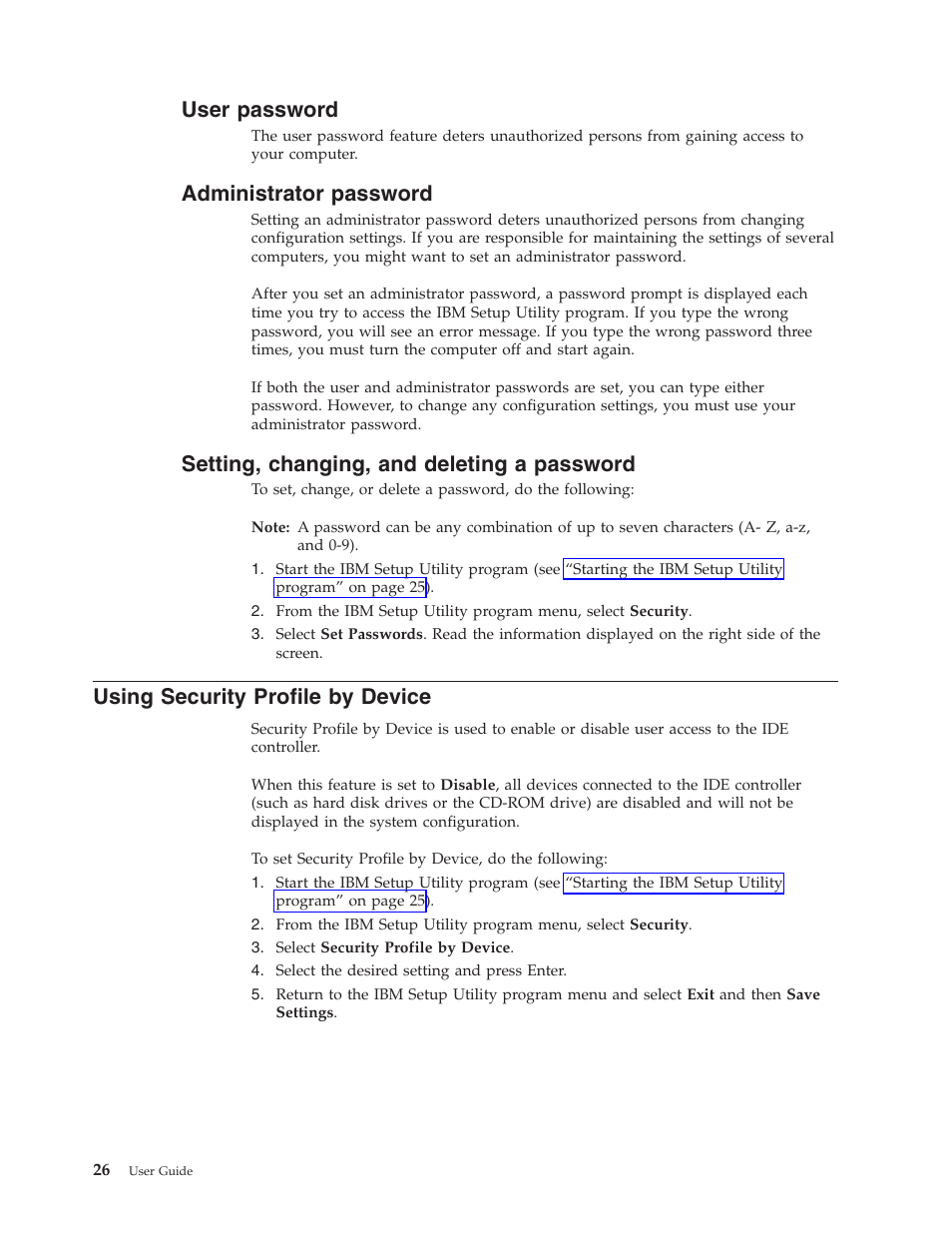 User password, Administrator password, Setting, changing, and deleting a password | Using security profile by device, User, Password, Administrator, Setting, Changing, Deleting | IBM THINKCENTRE 8086 User Manual | Page 40 / 64