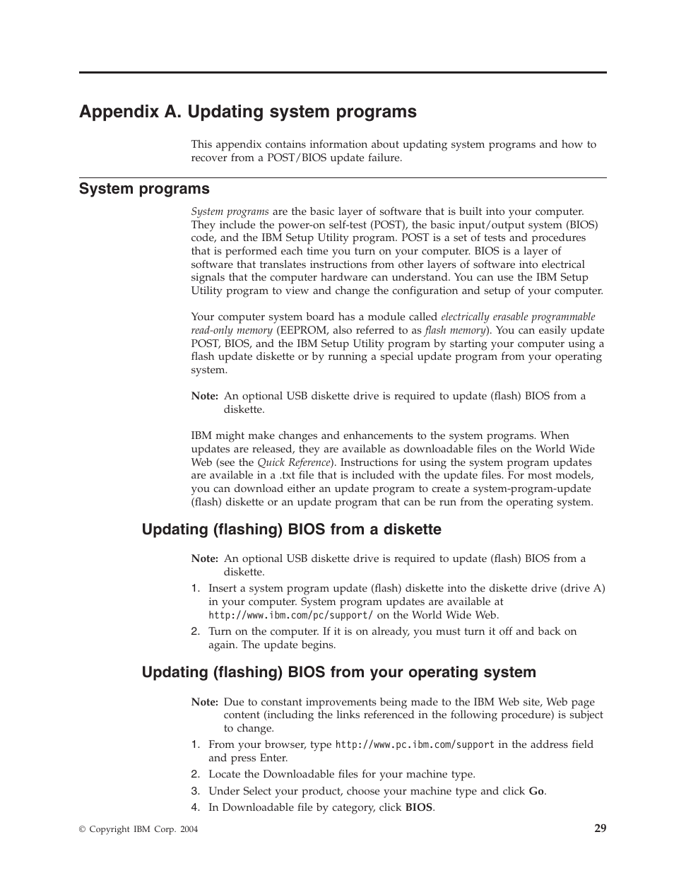 Appendix a. updating system programs, System programs, Updating (flashing) bios from a diskette | Appendix, Updating, System, Programs, Flashing), Bios, From | IBM THINKCENTRE 8086 User Manual | Page 43 / 64