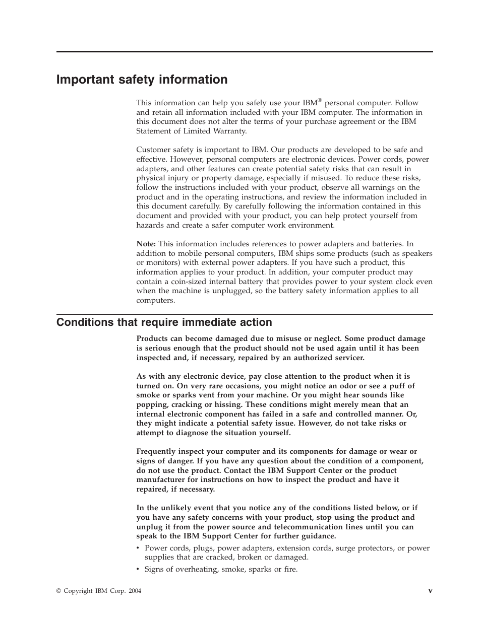 Important safety information, Conditions that require immediate action, Important | Safety, Information, Conditions, That, Require, Immediate, Action | IBM THINKCENTRE 8086 User Manual | Page 7 / 64