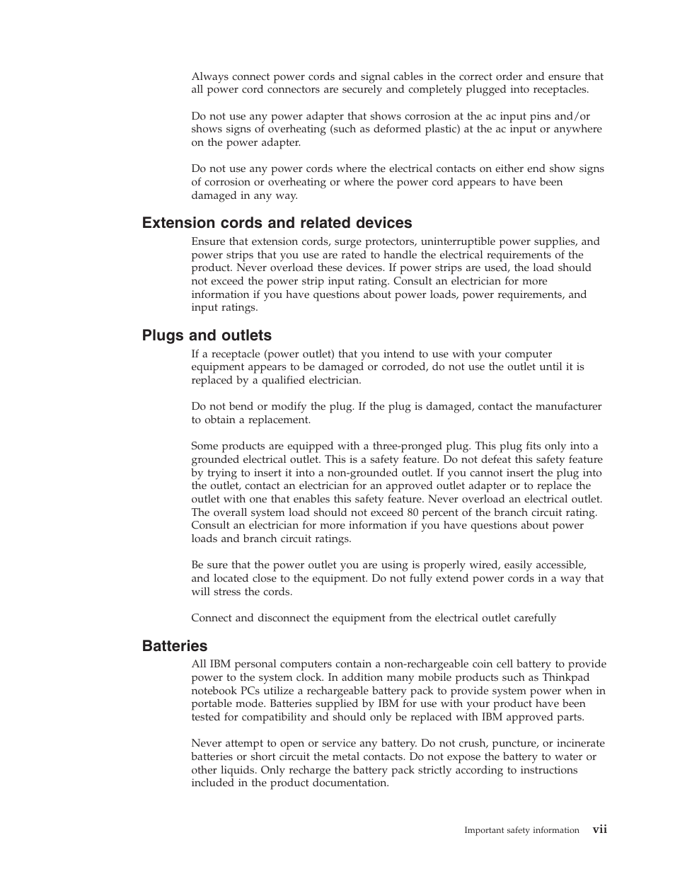 Extension cords and related devices, Plugs and outlets, Batteries | Extension, Cords, Related, Devices, Plugs, Outlets | IBM THINKCENTRE 8086 User Manual | Page 9 / 64