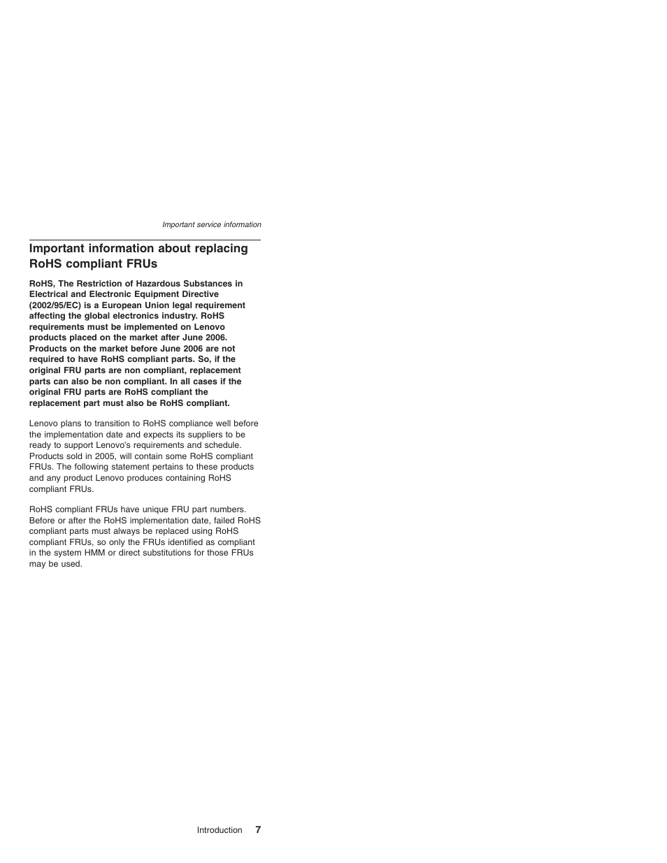 Important, Information, About | Replacing, Rohs, Compliant, Frus | IBM X32 User Manual | Page 11 / 196
