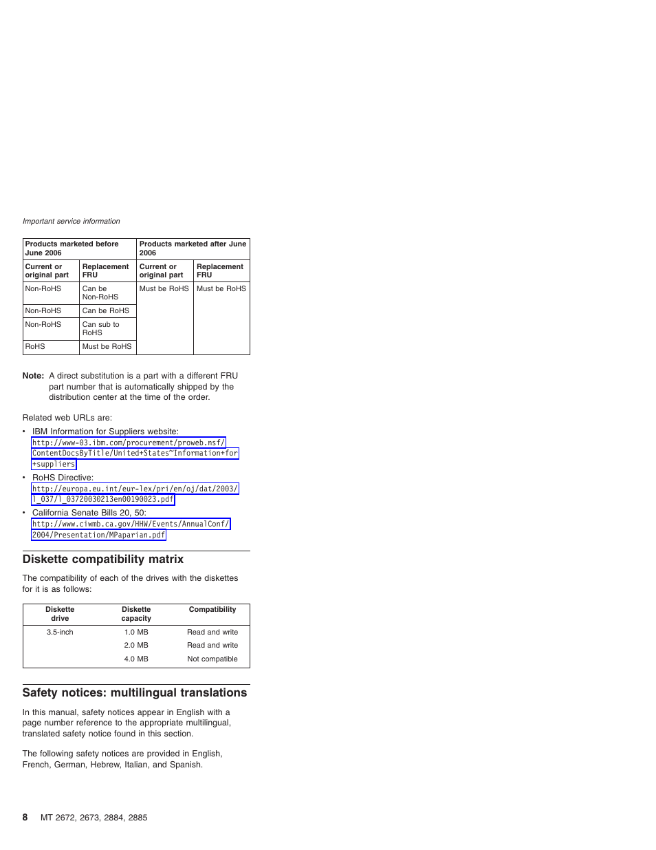 Diskette compatibility matrix, Safety notices: multilingual translations, Diskette | Compatibility, Matrix, Safety, Notices, Multilingual, Translations | IBM X32 User Manual | Page 12 / 196