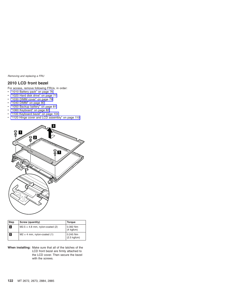 2010 lcd front bezel, Front, Bezel | IBM X32 User Manual | Page 126 / 196