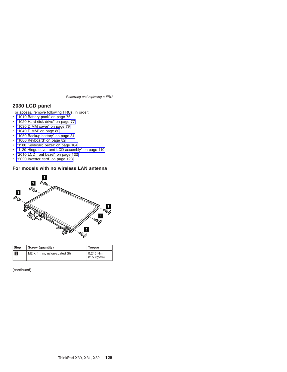 2030 lcd panel, For models with no wireless lan antenna, Panel | Models, With, Wireless, Antenna | IBM X32 User Manual | Page 129 / 196