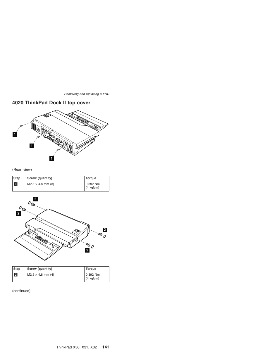 4020 thinkpad dock ii top cover, Thinkpad, Dock | Cover | IBM X32 User Manual | Page 145 / 196