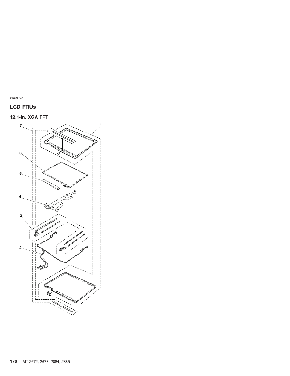 Lcd frus, In. xga tft, Frus | IBM X32 User Manual | Page 174 / 196