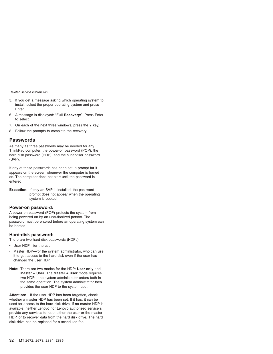 Passwords, Power-on password, Hard-disk password | IBM X32 User Manual | Page 36 / 196