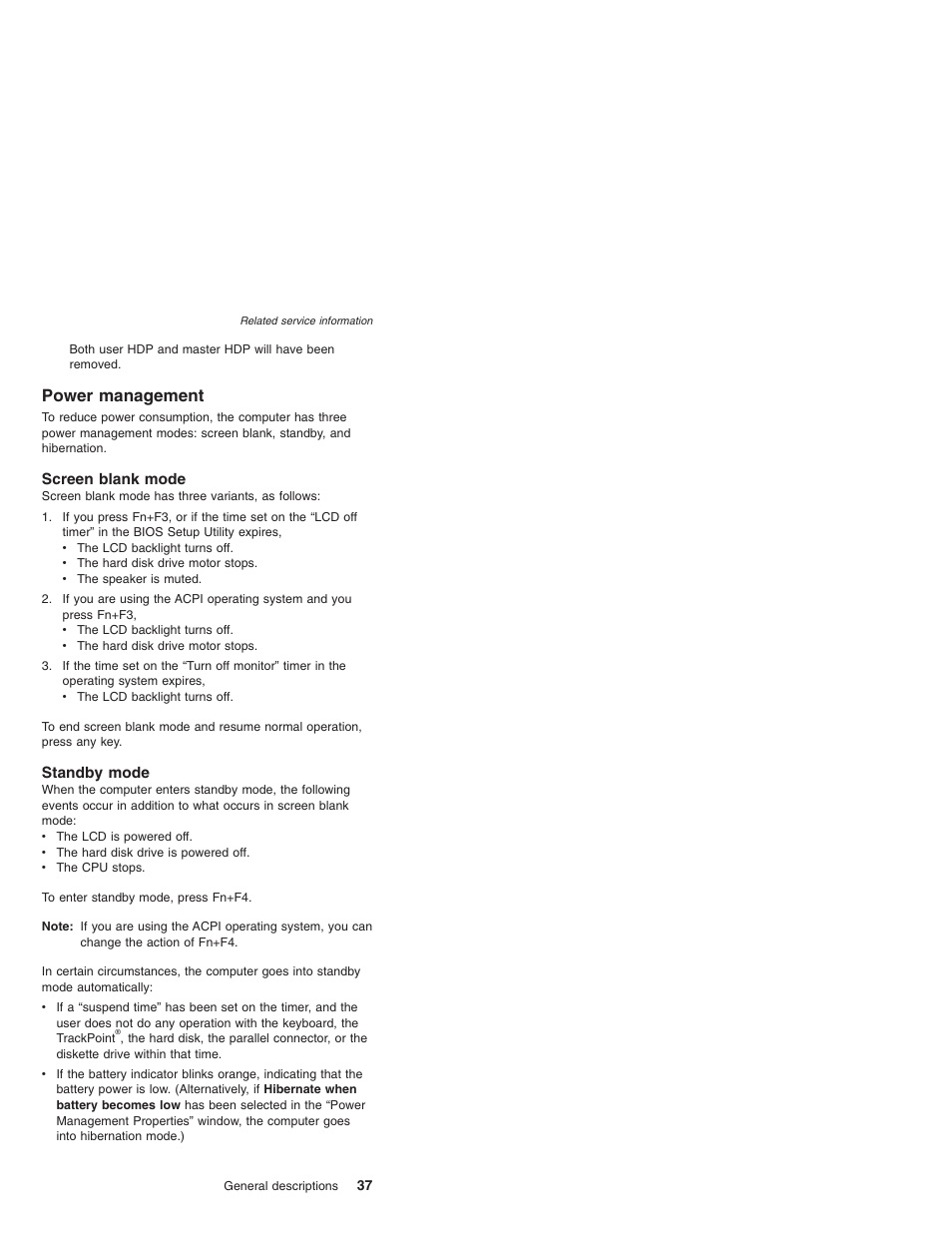 Power management, Screen blank mode, Standby mode | Power, Management | IBM X32 User Manual | Page 41 / 196