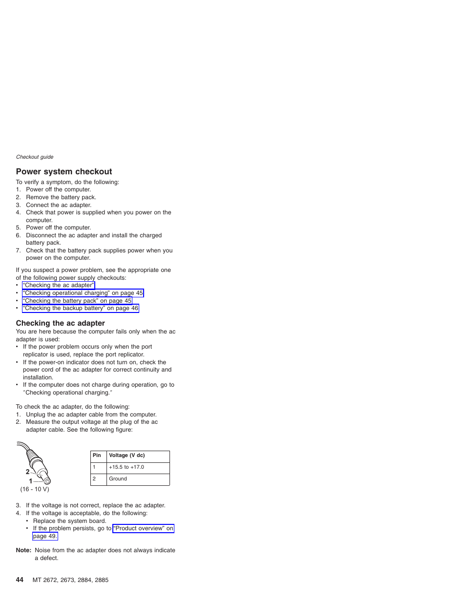 Power system checkout, Checking the ac adapter, Power | System, Checkout | IBM X32 User Manual | Page 48 / 196