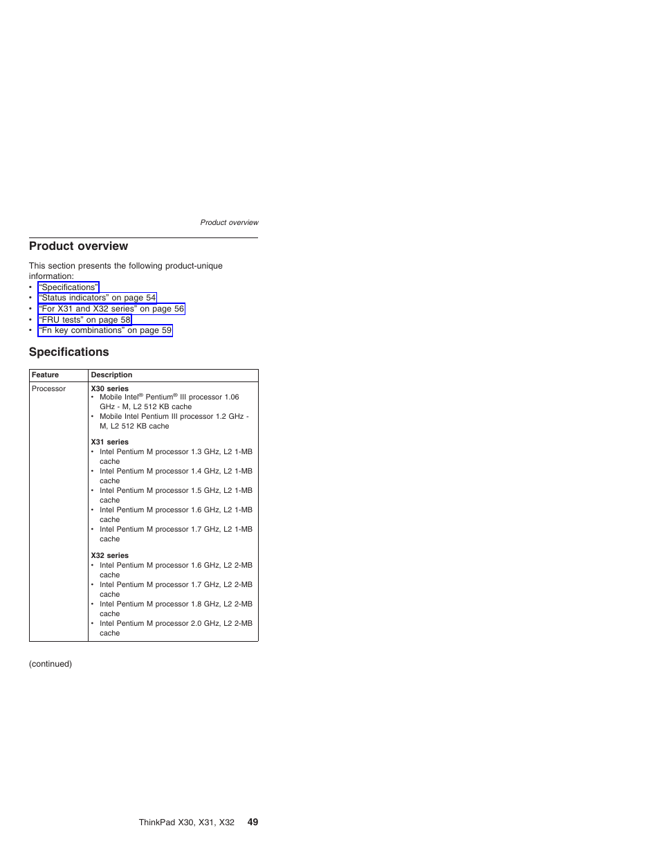 Product overview, Specifications, Product | Overview | IBM X32 User Manual | Page 53 / 196