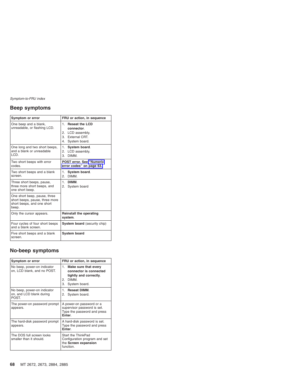 Beep symptoms, No-beep symptoms, Beep | Symptoms, No-beep | IBM X32 User Manual | Page 72 / 196