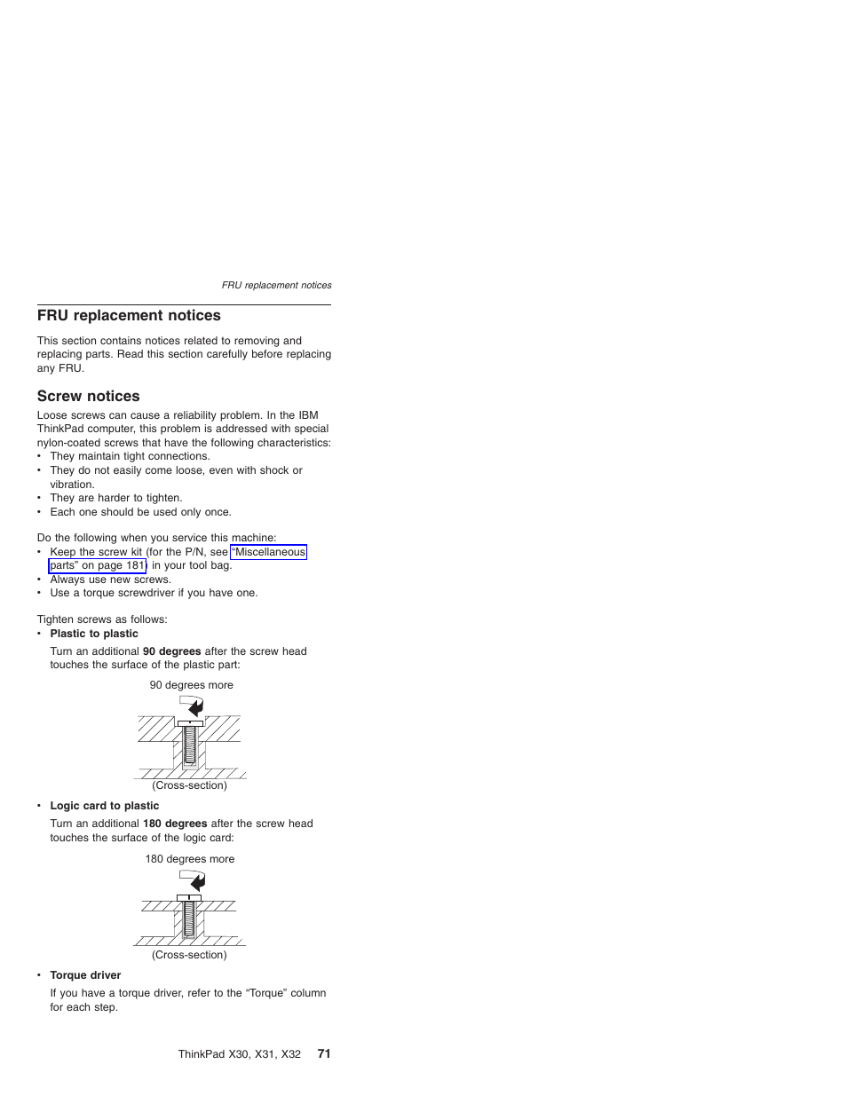 Fru replacement notices, Screw notices, Replacement | Notices, Screw | IBM X32 User Manual | Page 75 / 196