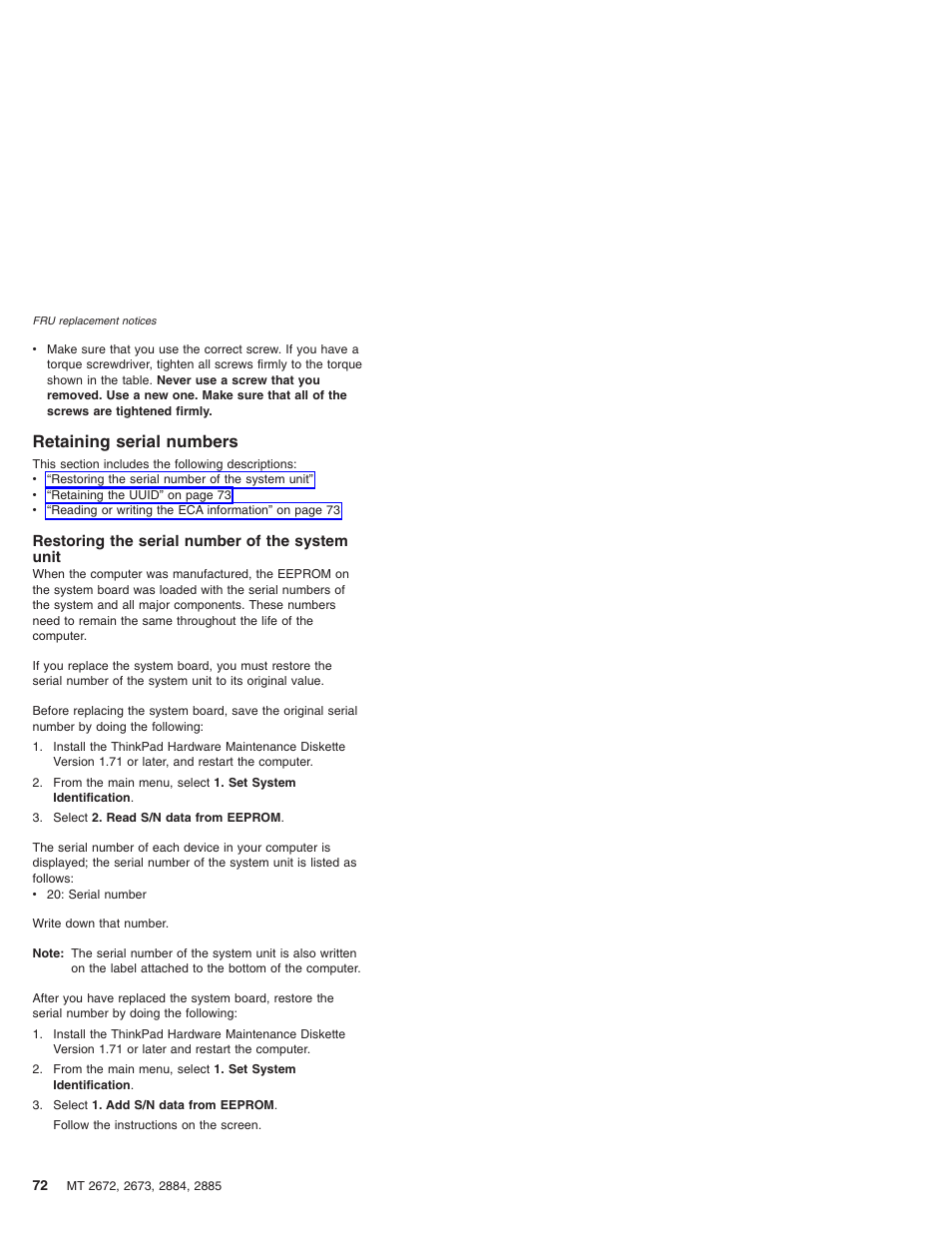 Retaining serial numbers, Restoring the serial number of the system unit, Retaining | Serial, Numbers, Restoring, Number, System, Unit | IBM X32 User Manual | Page 76 / 196