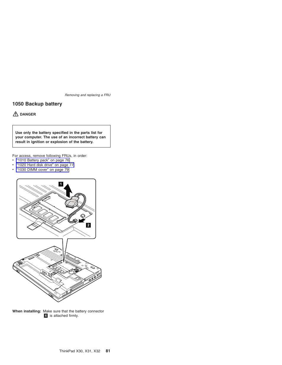 1050 backup battery, Backup, Battery | IBM X32 User Manual | Page 85 / 196