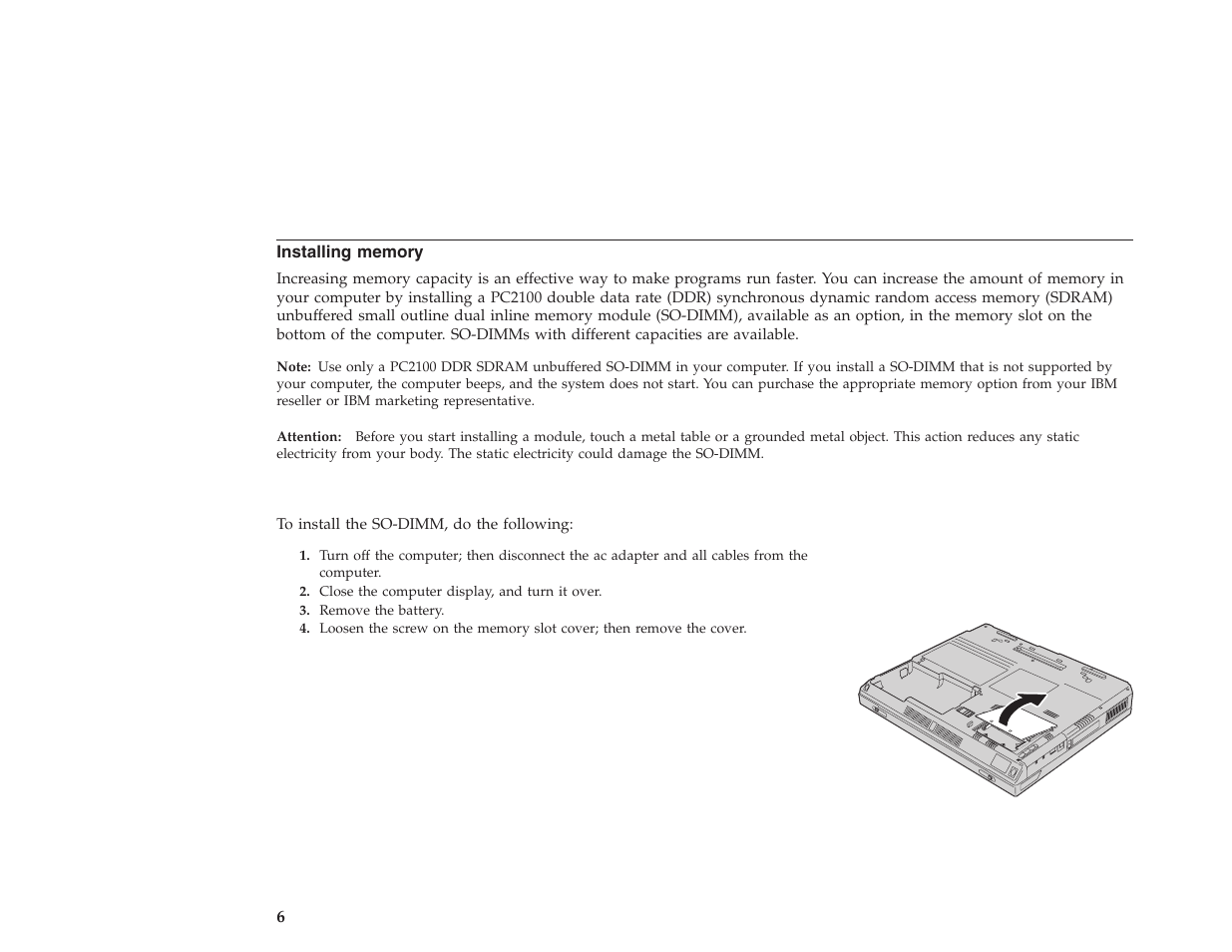 Installing memory | IBM THINKPAD R40 User Manual | Page 6 / 9
