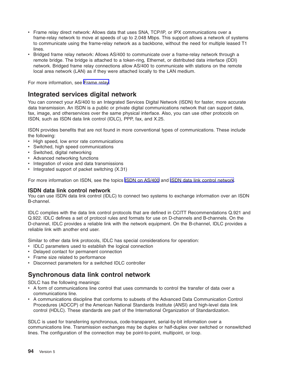 Integrated services digital network, Isdn data link control network, Synchronous data link control network | IBM AS/400 User Manual | Page 100 / 104
