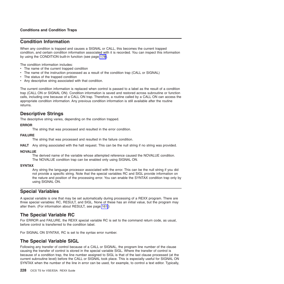 Condition information, Descriptive strings, Special variables | The special variable rc, The special variable sigl, The special variable rc the special variable sigl | IBM SC34-5764-01 User Manual | Page 250 / 481
