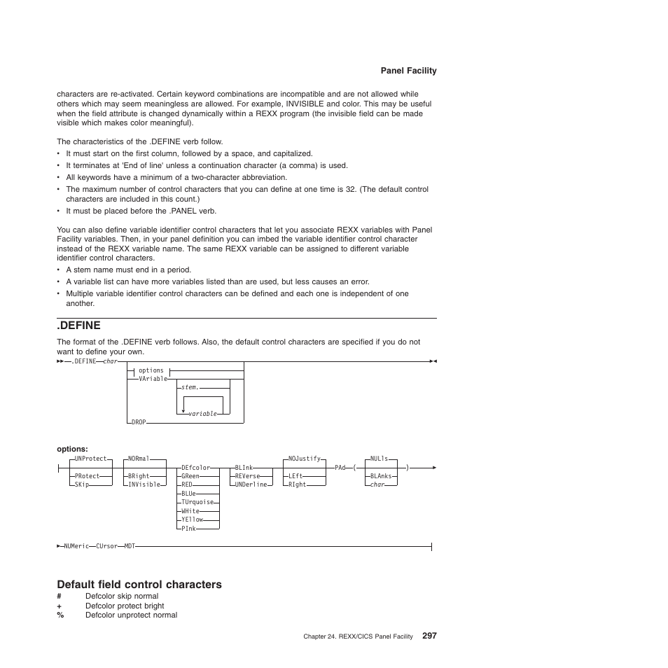 Define, Default field control characters | IBM SC34-5764-01 User Manual | Page 319 / 481