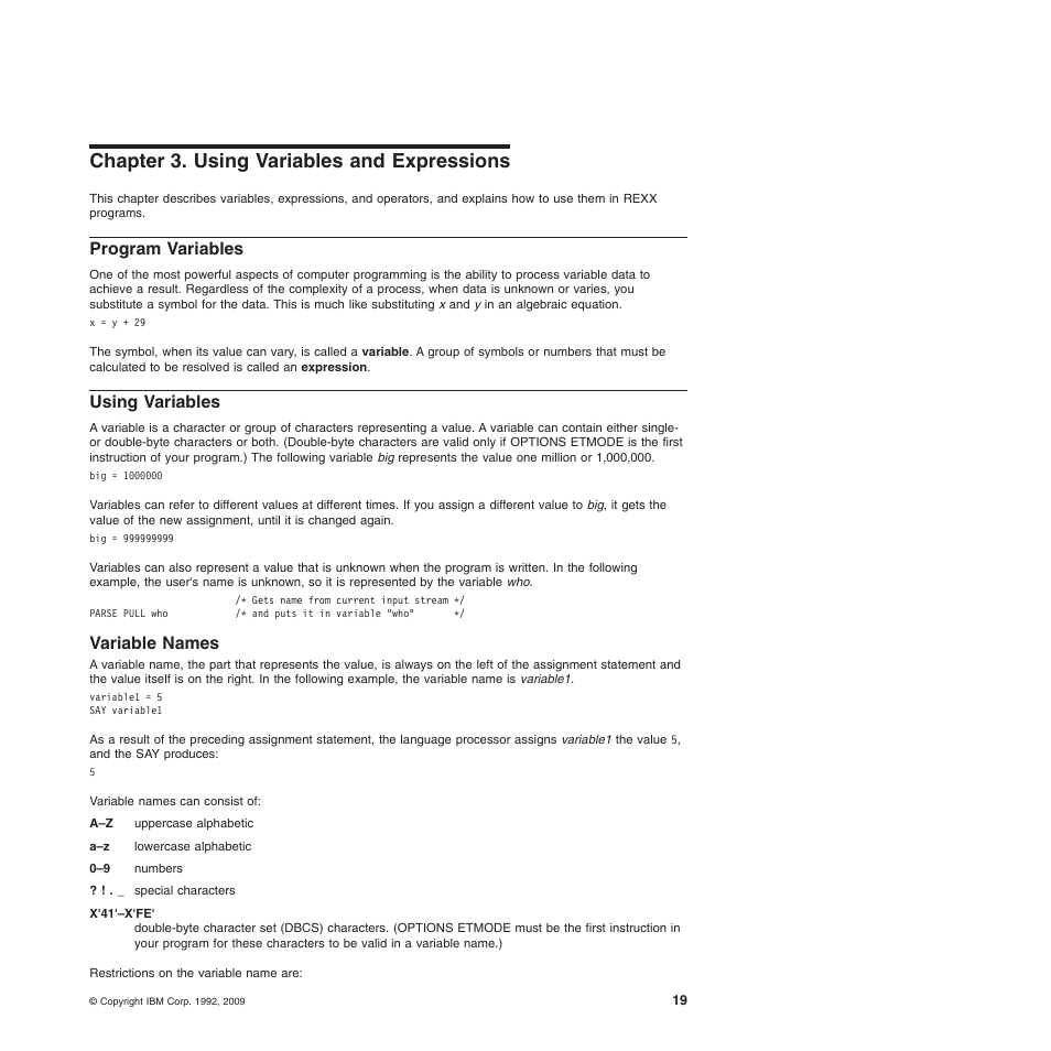 Chapter 3. using variables and expressions, Program variables, Using variables | Variable names, Program variables using variables | IBM SC34-5764-01 User Manual | Page 41 / 481